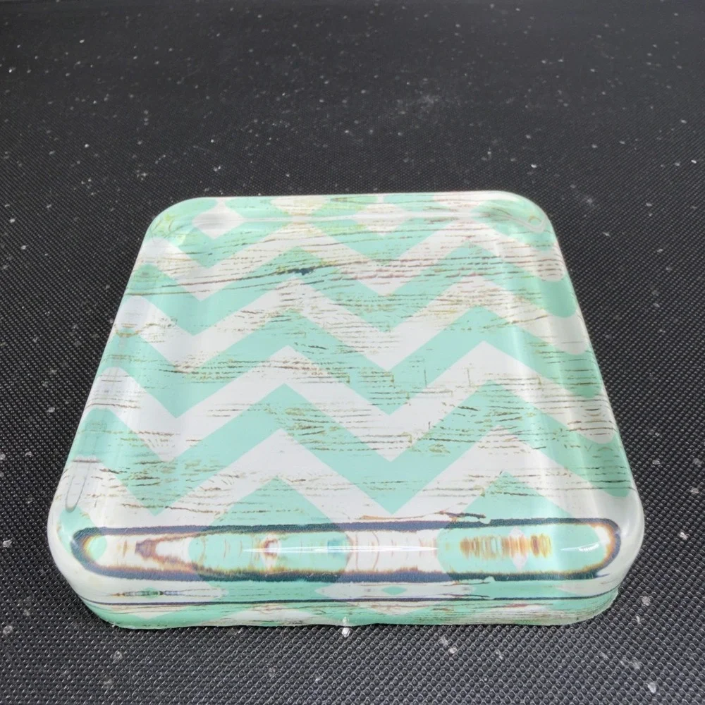 Mint Green Chevron‎ Glass Trinket Dish Square Decorative Jewelry Paperweight VTG